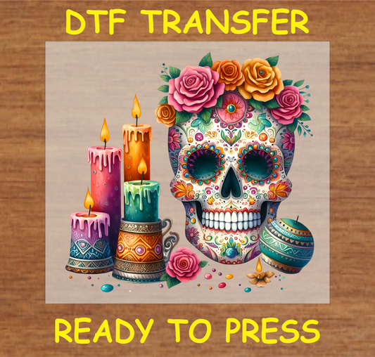 Blooming sugar skull DTF transfer with vibrant flowers and colorful candles for Día de los Muertos.