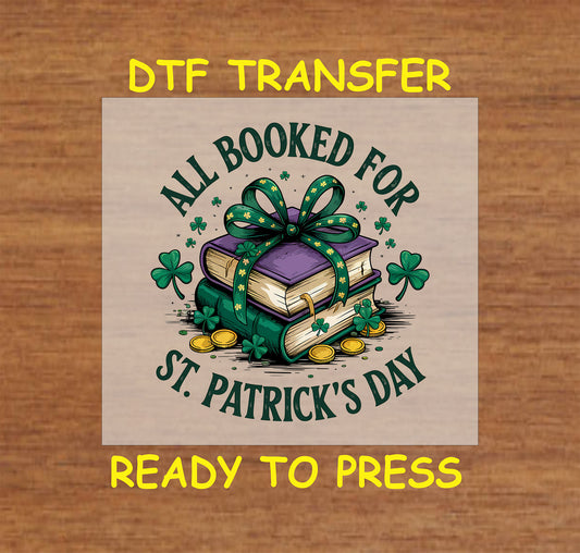 All Booked for St. Patrick’s Day DTF transfer with books, shamrocks, and gold coins.