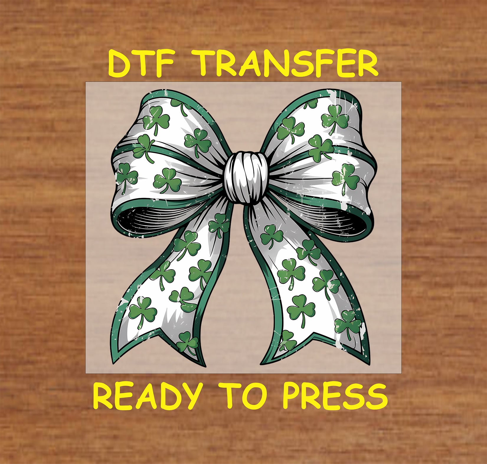 Shamrock bow St. Patrick’s Day DTF transfer with white and green ribbon.