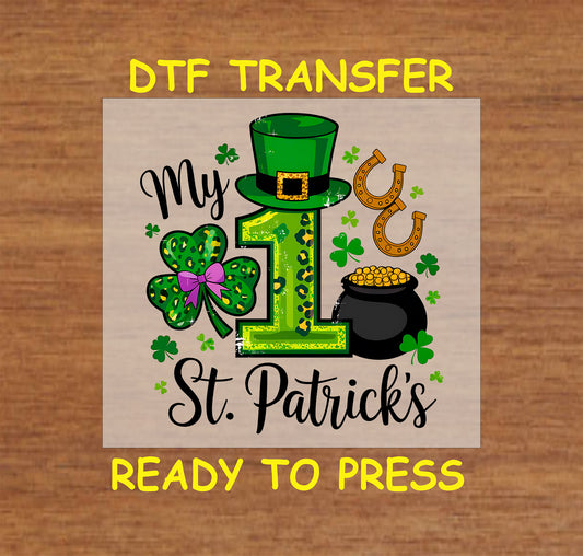 My 1st St. Patrick’s Day DTF transfer with a leprechaun hat, gold coins, shamrock, and number one.