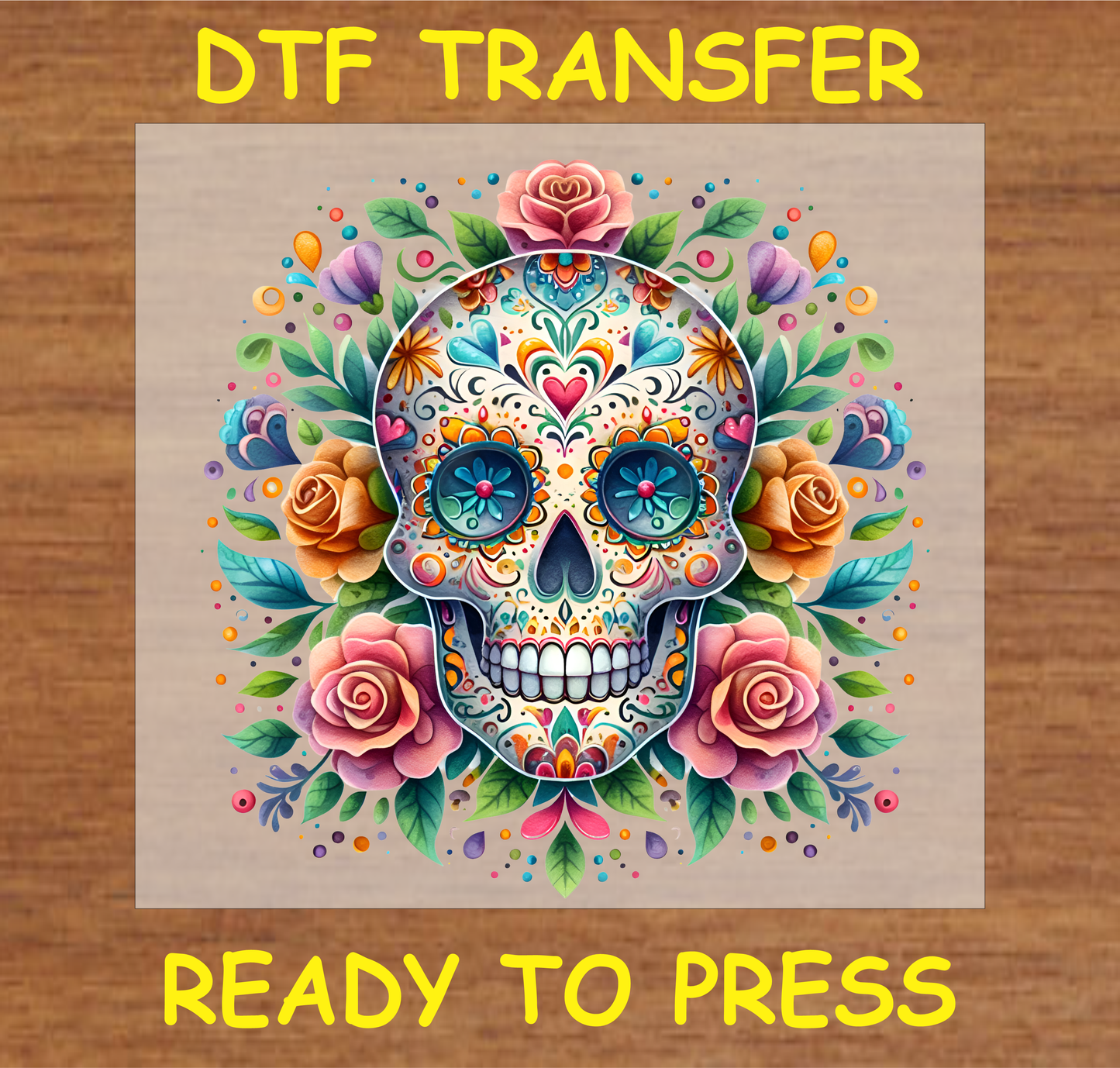 Floral Sugar Skull Día de los Muertos DTF transfer featuring colorful flowers and intricate sugar skull design.