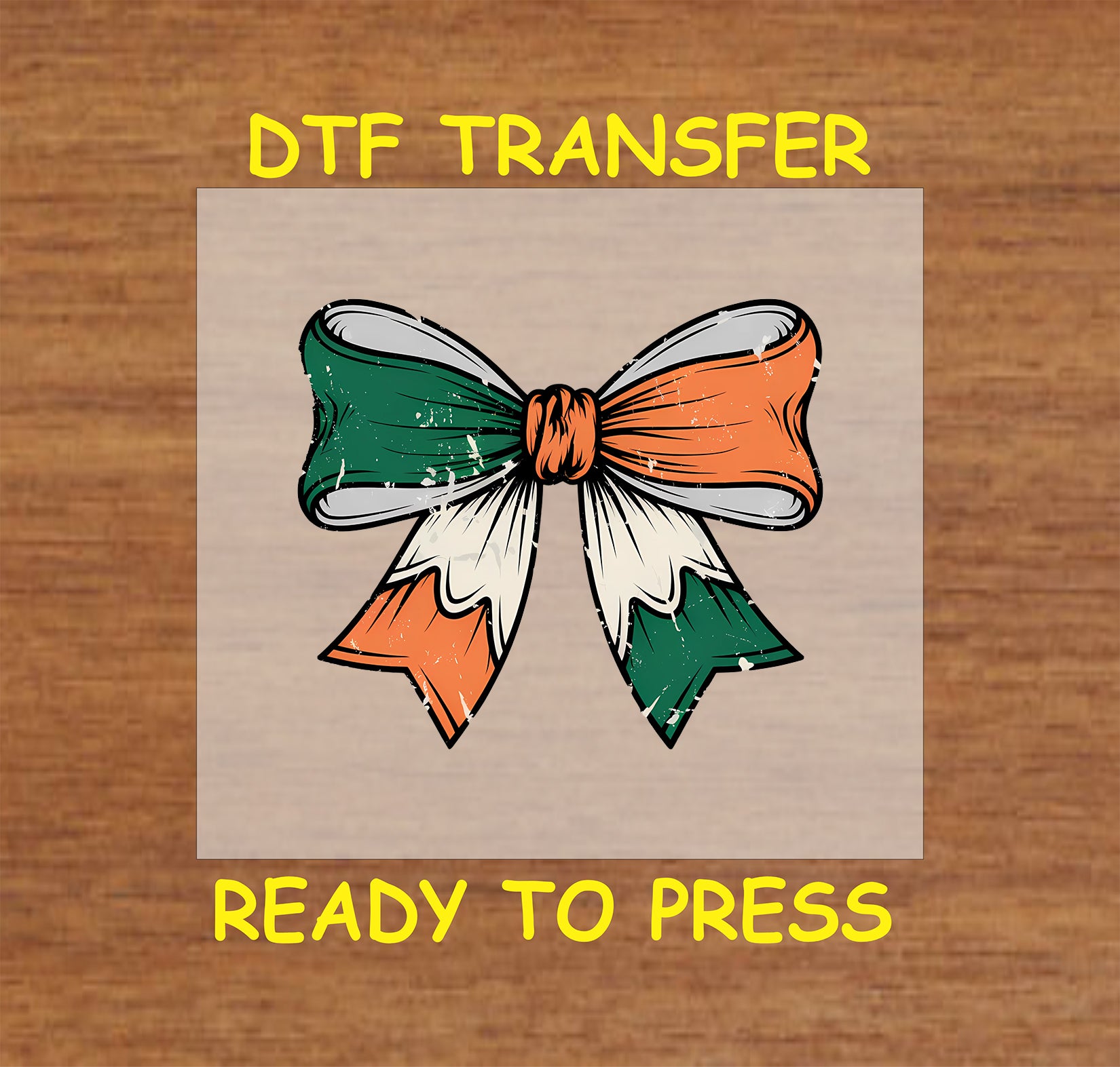 Irish flag bow DTF transfer with green, white, and orange colors in a distressed style.