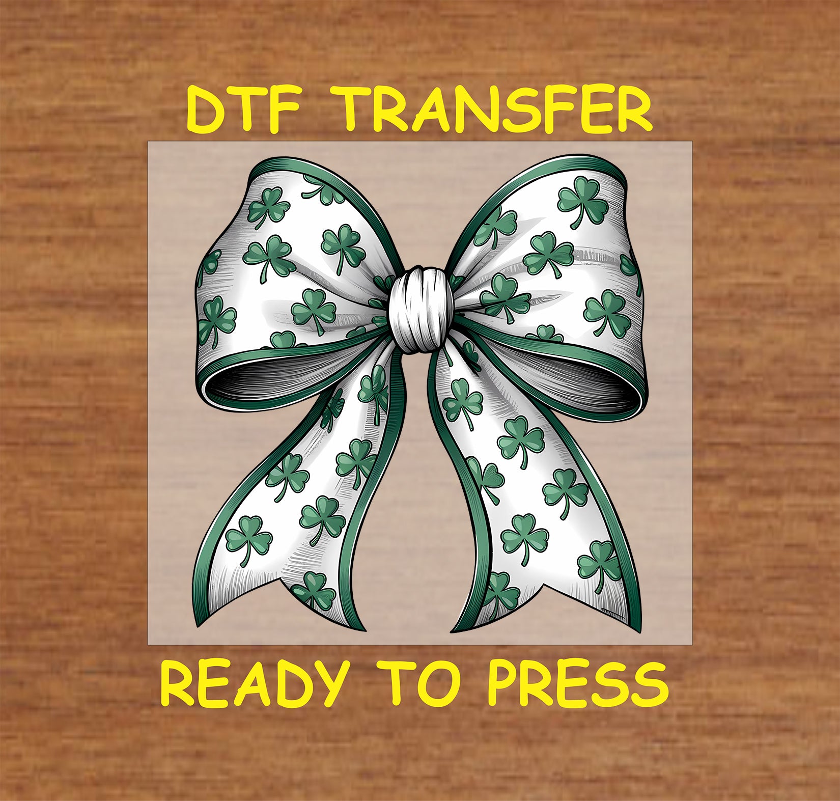 White and green shamrock bow DTF transfer with detailed ribbon design.