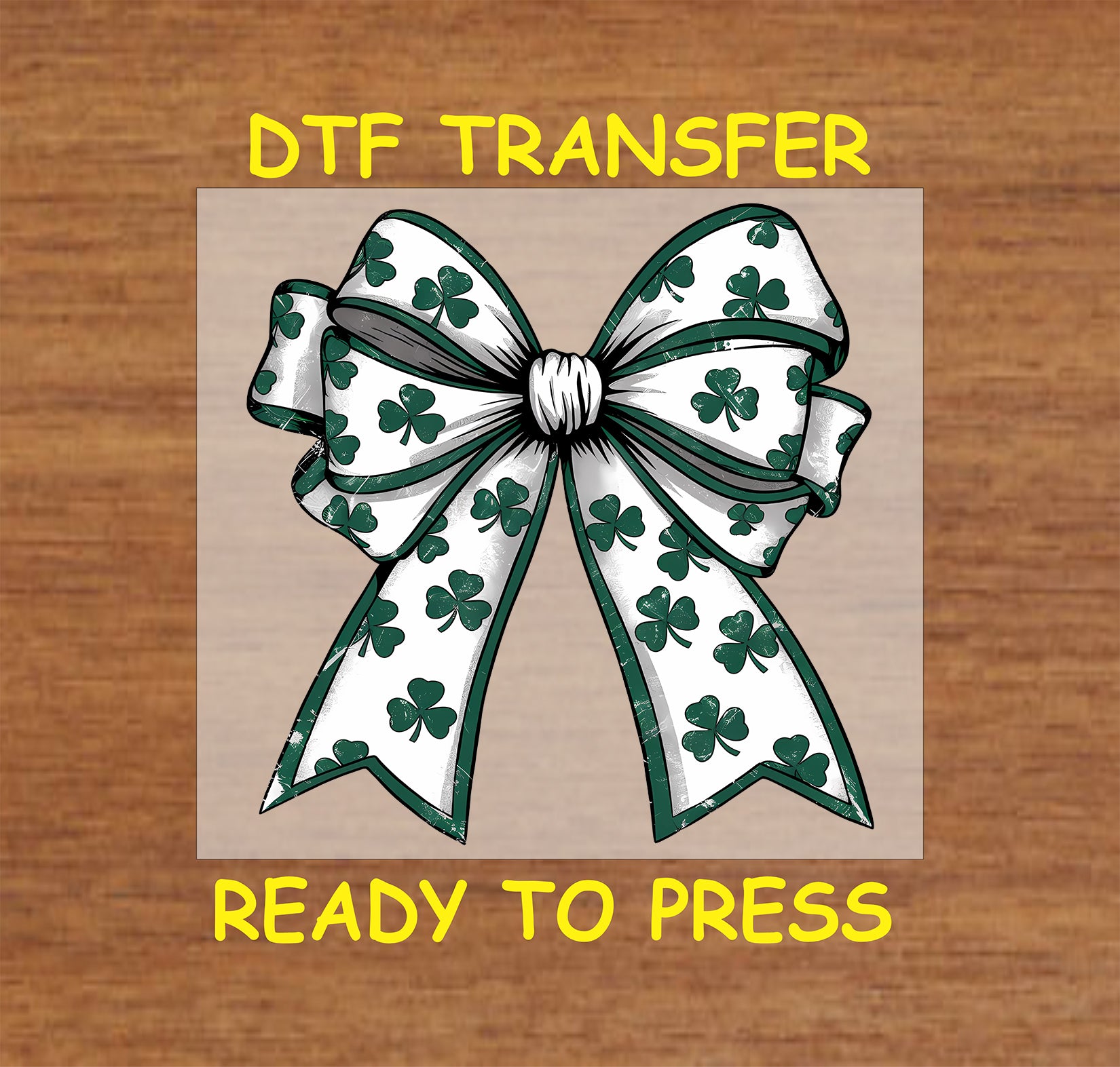 White and green shamrock bow DTF transfer with a detailed ribbon design.