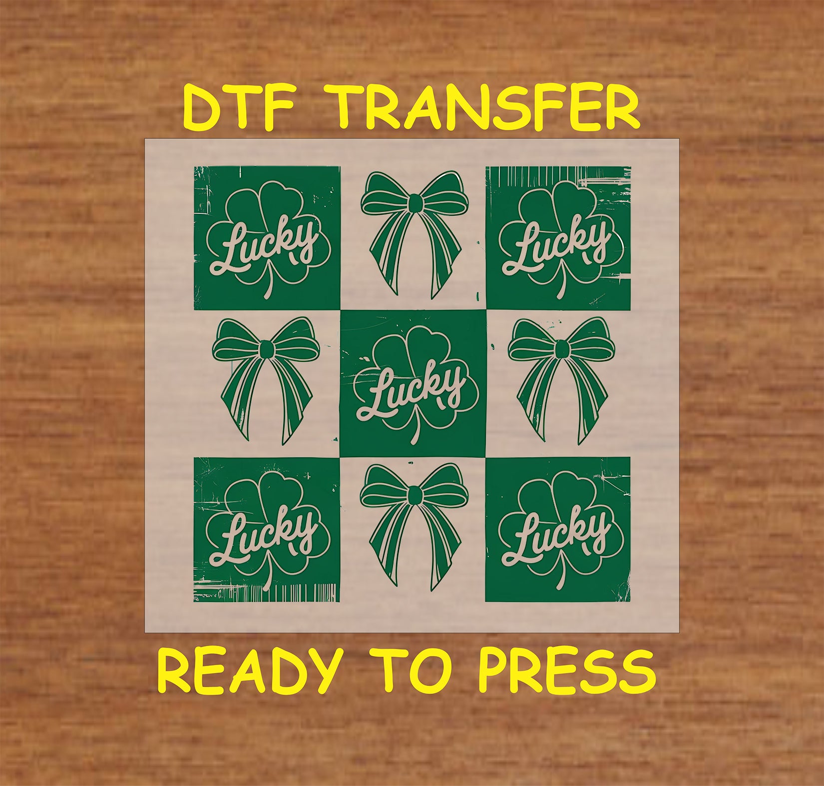 St. Patrick’s Day patch-style DTF transfer with shamrocks, bows, and "Lucky" text.