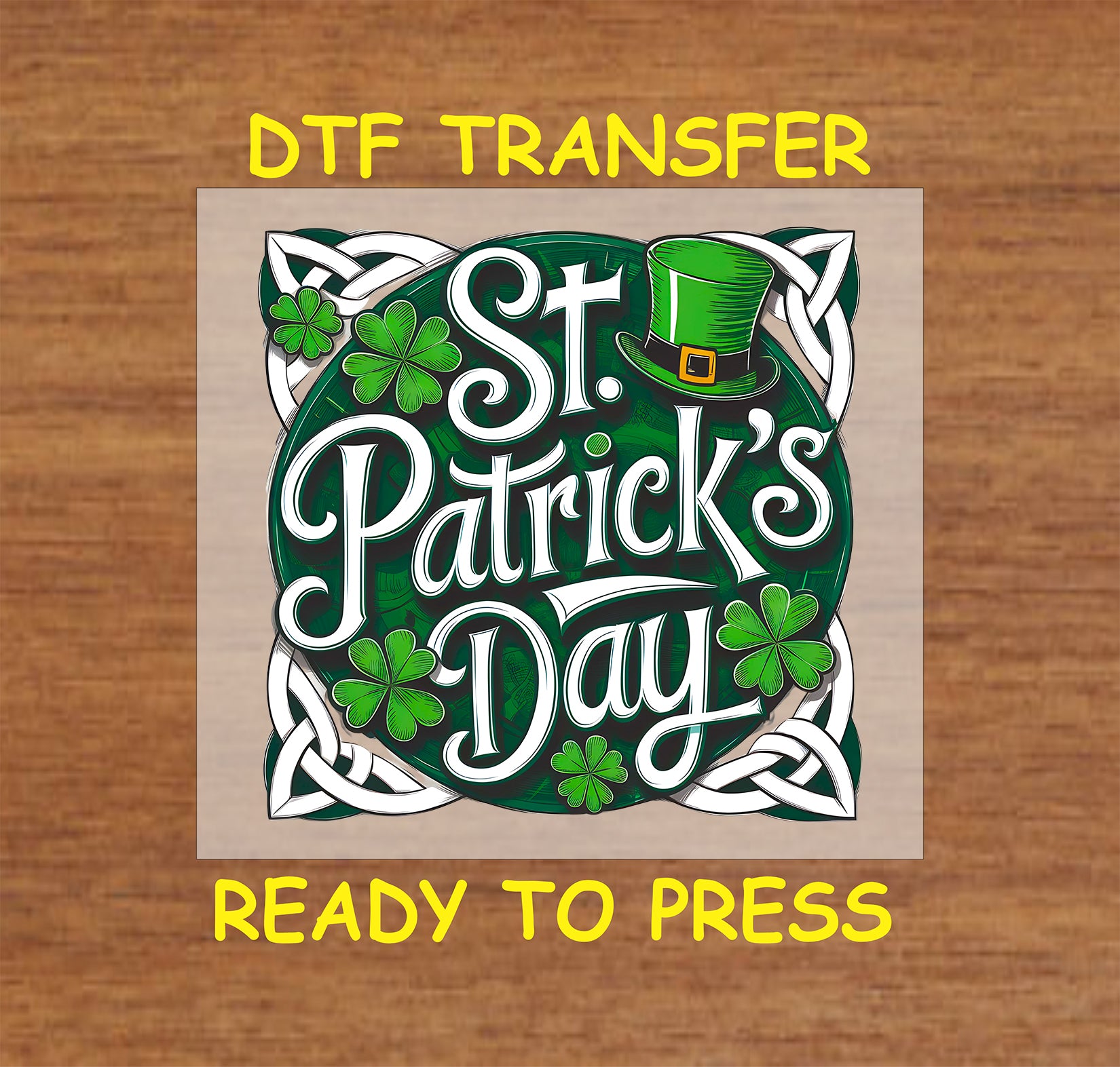 St. Patrick’s Day DTF transfer with Celtic knots, shamrocks, and a leprechaun hat.