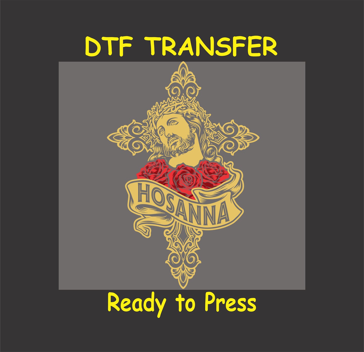 Religious Easter DTF transfer with Hosanna banner, Christ, and floral cross.