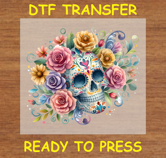 Golden Pastel Floral Sugar Skull DTF transfer with pastel roses, golden blossoms, and swirling leaves.