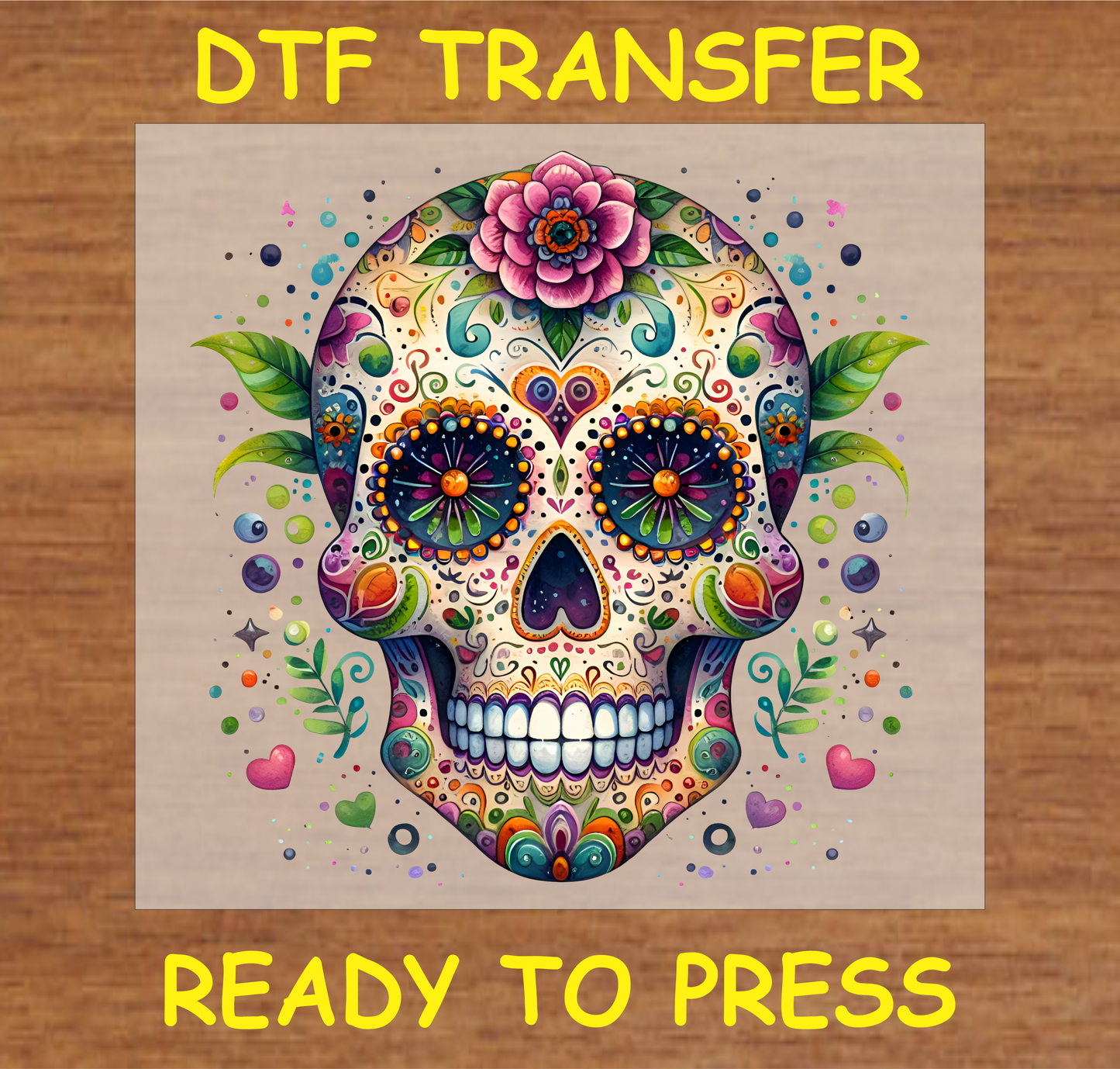 Floral Sugar Skull Día de los Muertos DTF transfer with vibrant flowers and intricate sugar skull design.