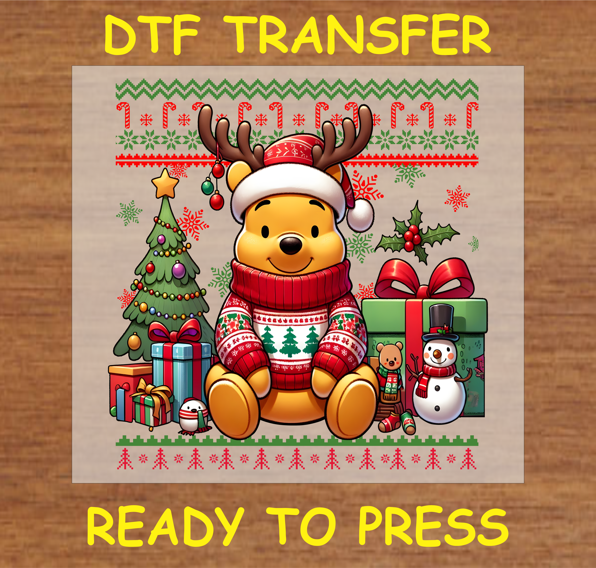 Christmas bear in holiday sweater with reindeer antlers, surrounded by gifts, Christmas tree, and festive decorations DTF transfer.