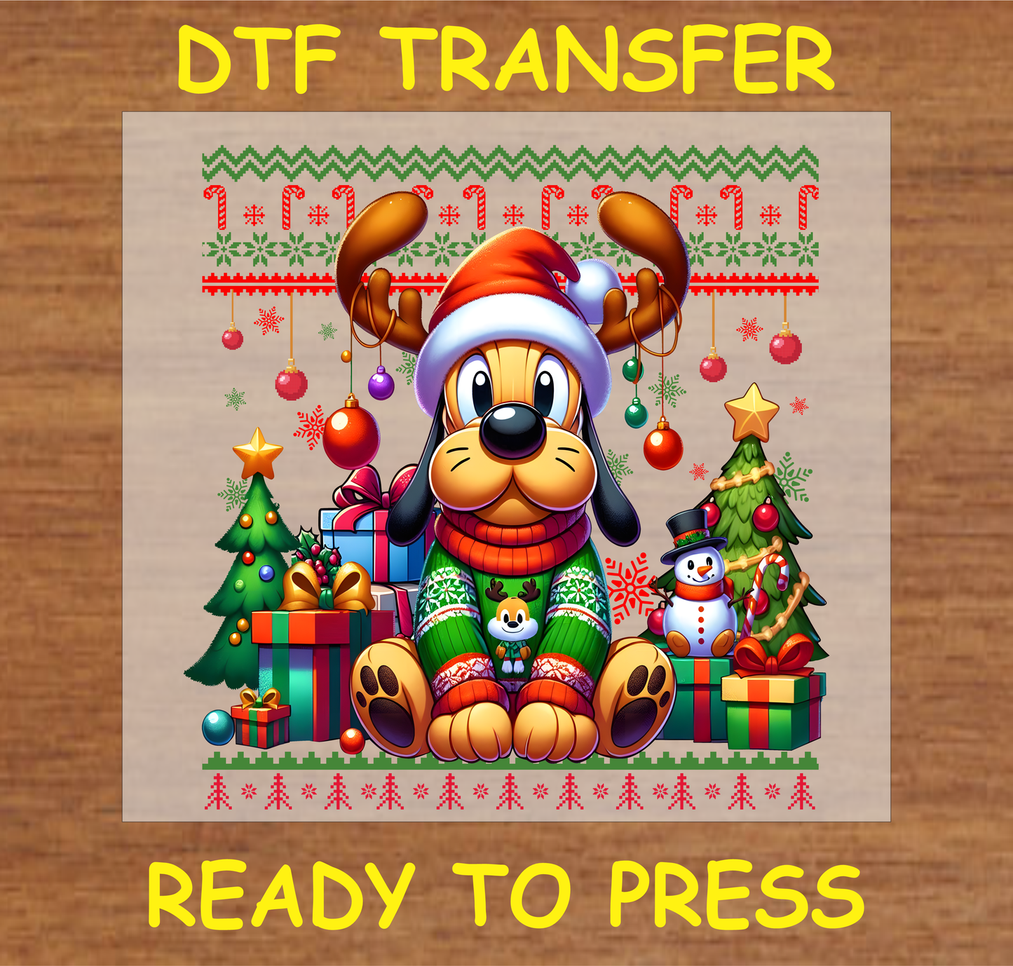 Christmas dog in a holiday sweater with reindeer antlers, surrounded by gifts, Christmas tree, and festive decorations DTF transfer.