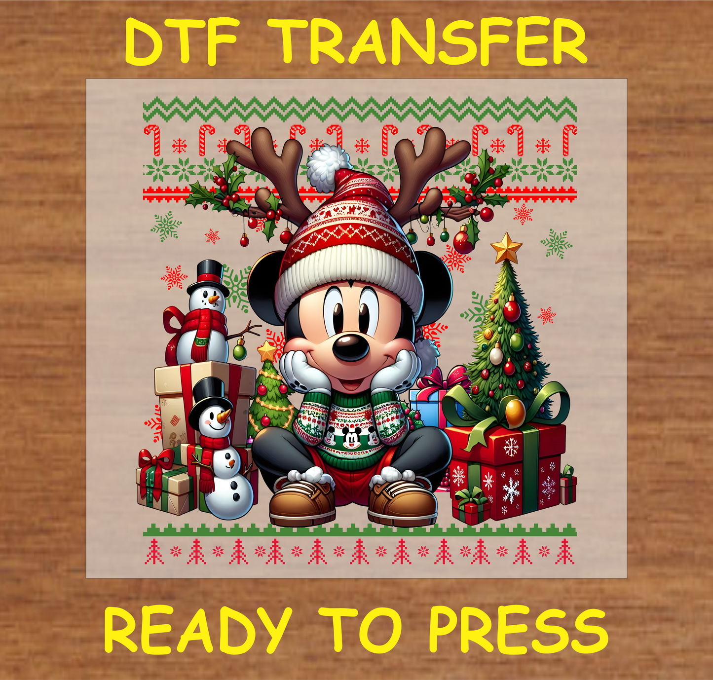 Christmas mouse in holiday sweater with reindeer antlers, surrounded by gifts, Christmas tree, and festive decorations DTF transfer.