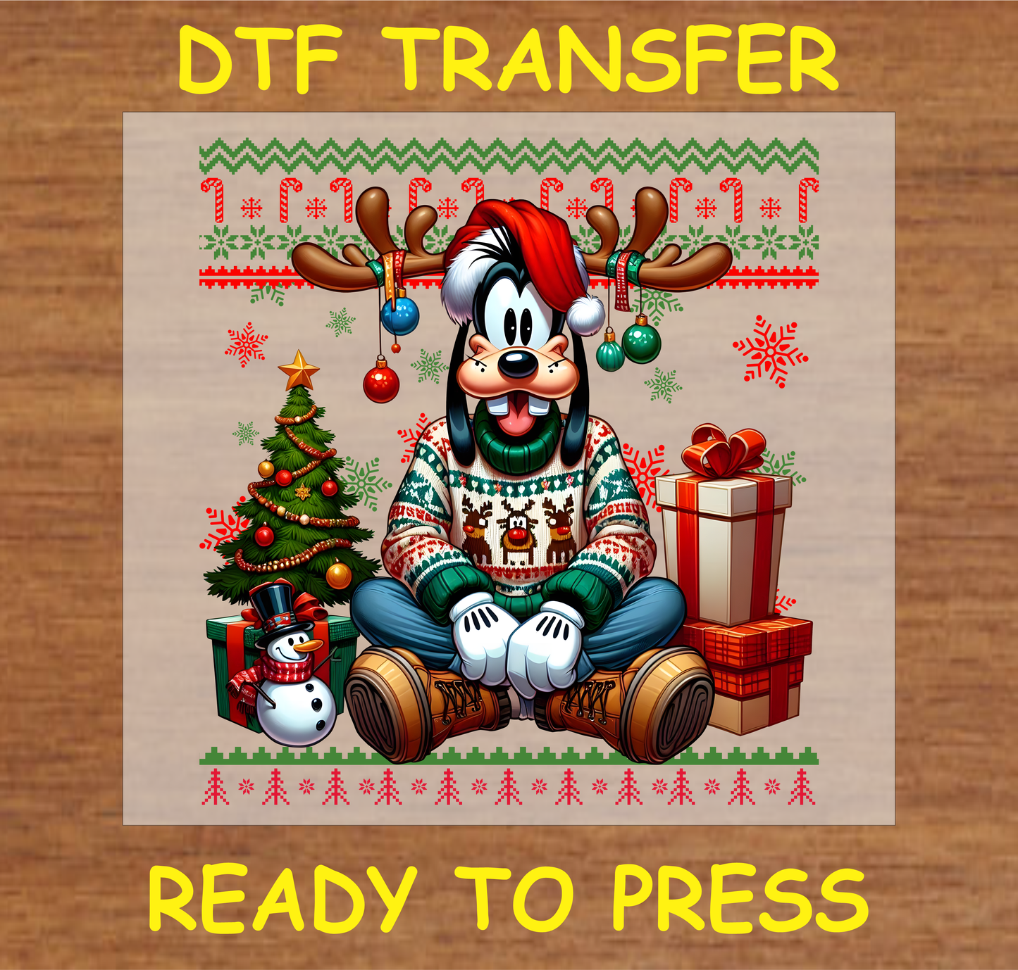 Character in holiday sweater with reindeer antlers, surrounded by Christmas tree, gifts, and festive decorations DTF transfer.