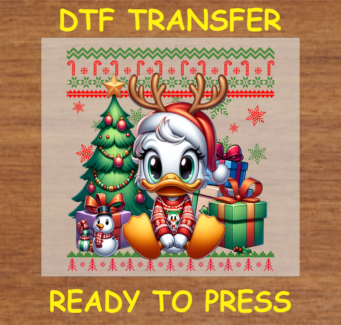 Duck in holiday sweater with reindeer antlers and Santa hat, surrounded by Christmas tree, gifts, and festive decorations DTF transfer.