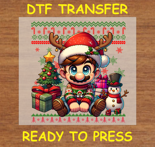 Beloved Character in a holiday sweater, Santa hat, and reindeer antlers, surrounded by Christmas tree, gifts, and festive decorations DTF transfer.