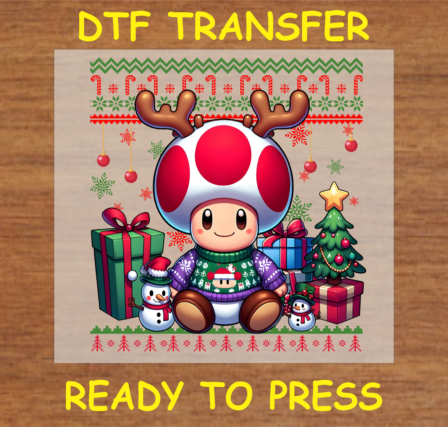 Toad in holiday sweater with reindeer antlers, surrounded by Christmas tree, gifts, and festive decorations DTF transfer.