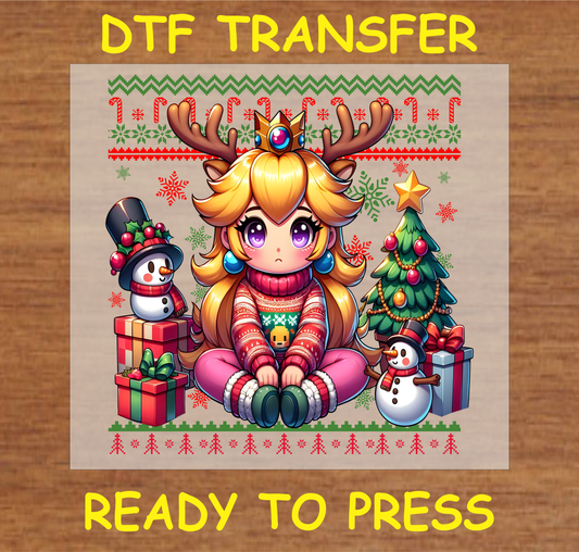 Princess in holiday sweater with reindeer antlers and festive crown, surrounded by Christmas tree, gifts, and snowmen DTF transfer.