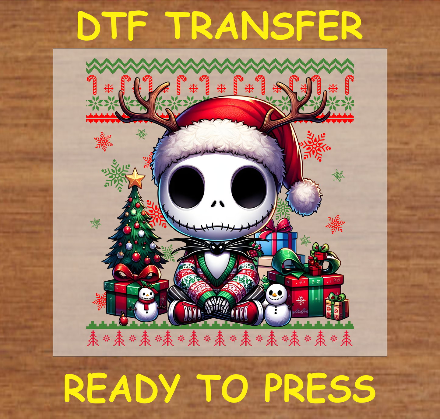 Skeleton in a holiday sweater, Santa hat, and reindeer antlers, surrounded by a Christmas tree and gifts DTF transfer.