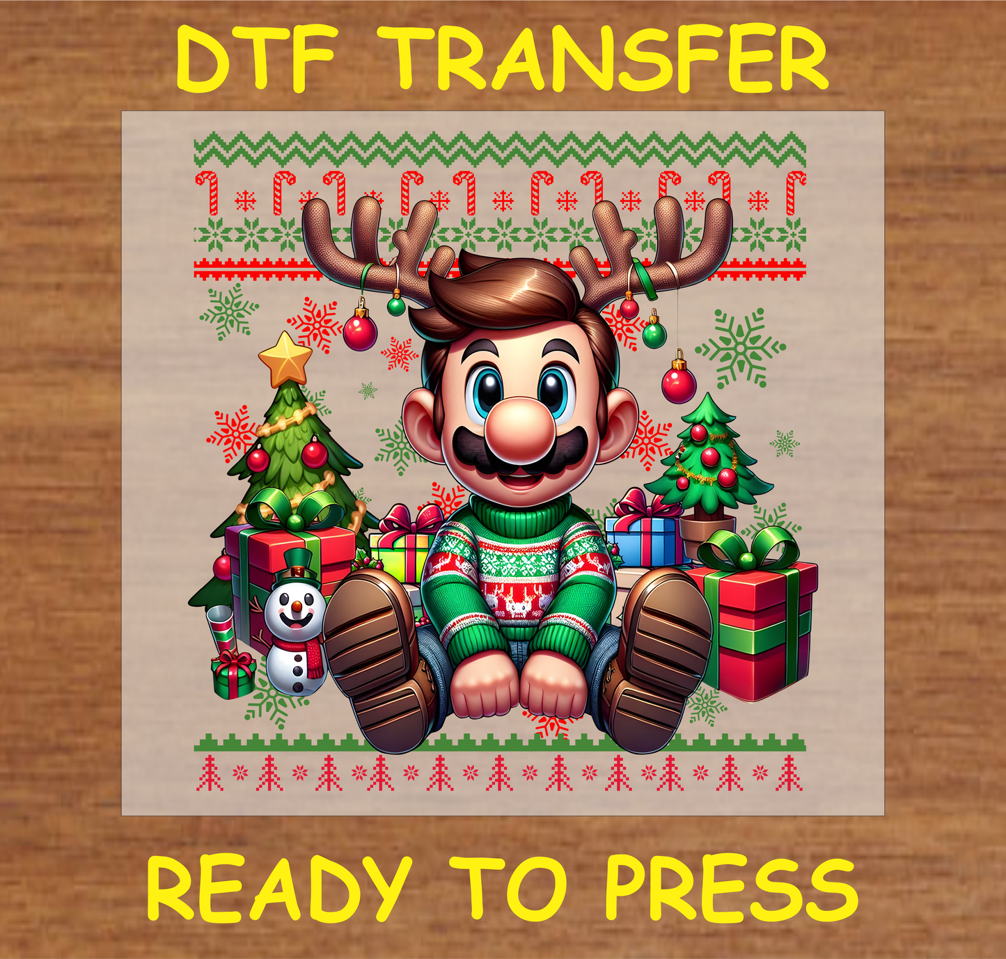 Adorable Character in holiday sweater with reindeer antlers, surrounded by a Christmas tree, gifts, and festive decorations DTF transfer.