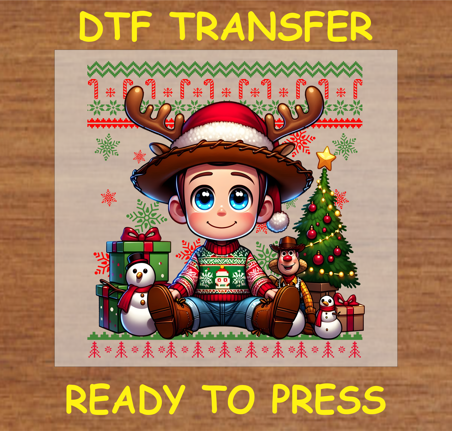 Cowboy wearing a festive sweater, reindeer antlers, and Santa hat, surrounded by Christmas tree, gifts, and holiday decorations DTF transfer.