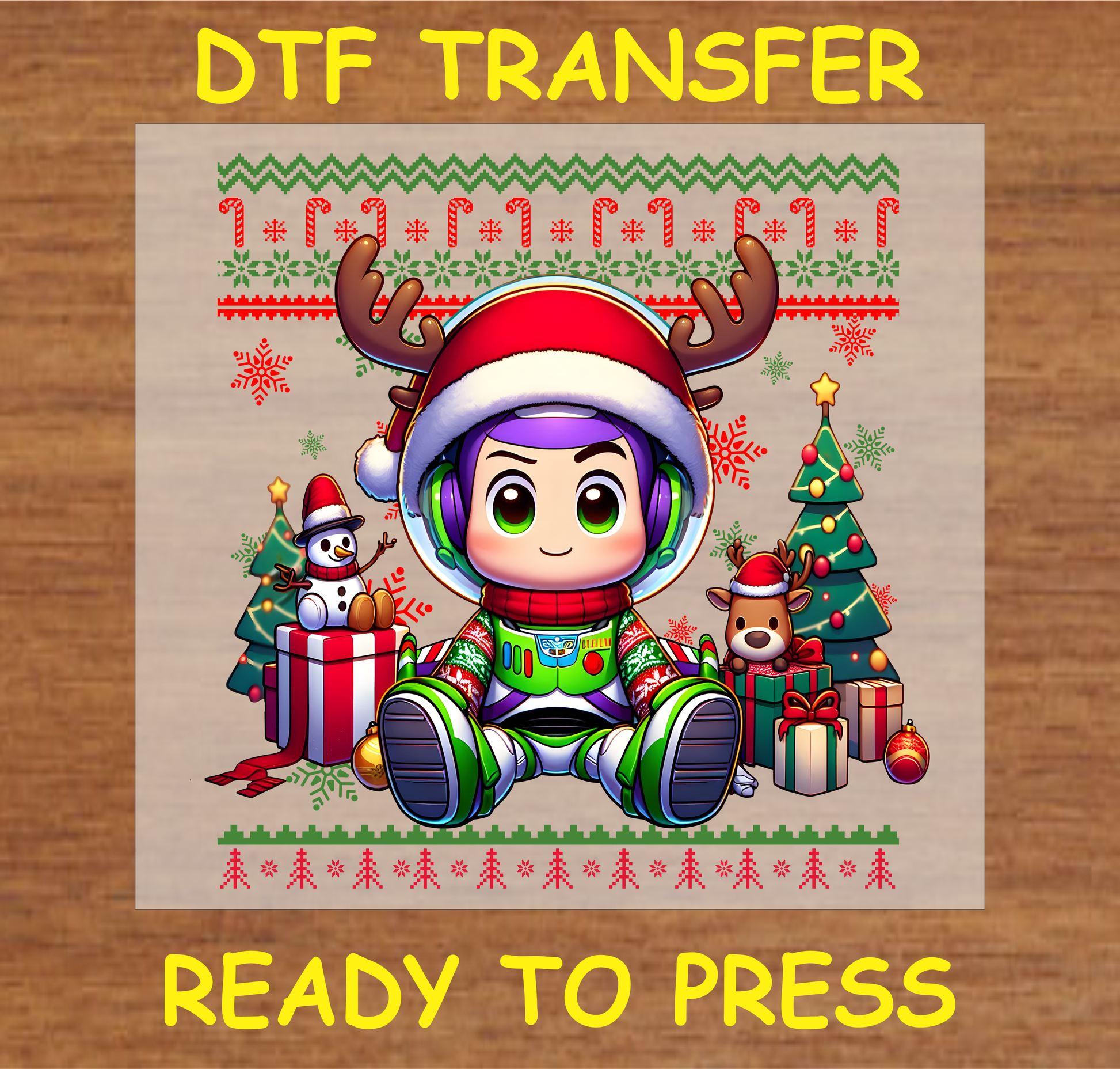 Adorable Character in festive attire with Santa hat and reindeer antlers, surrounded by Christmas tree, gifts, and festive decorations DTF transfer.