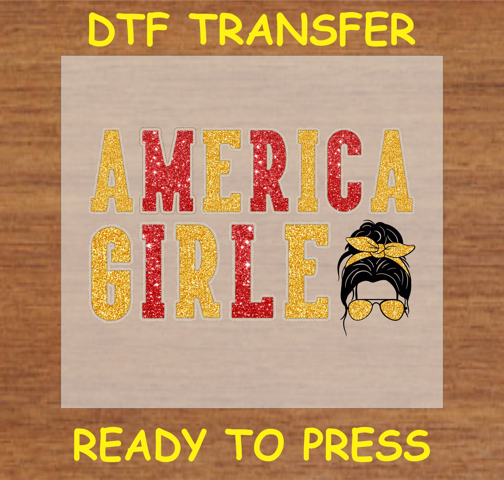 "America Girl DTF Transfer with glitter red and gold patriotic design"