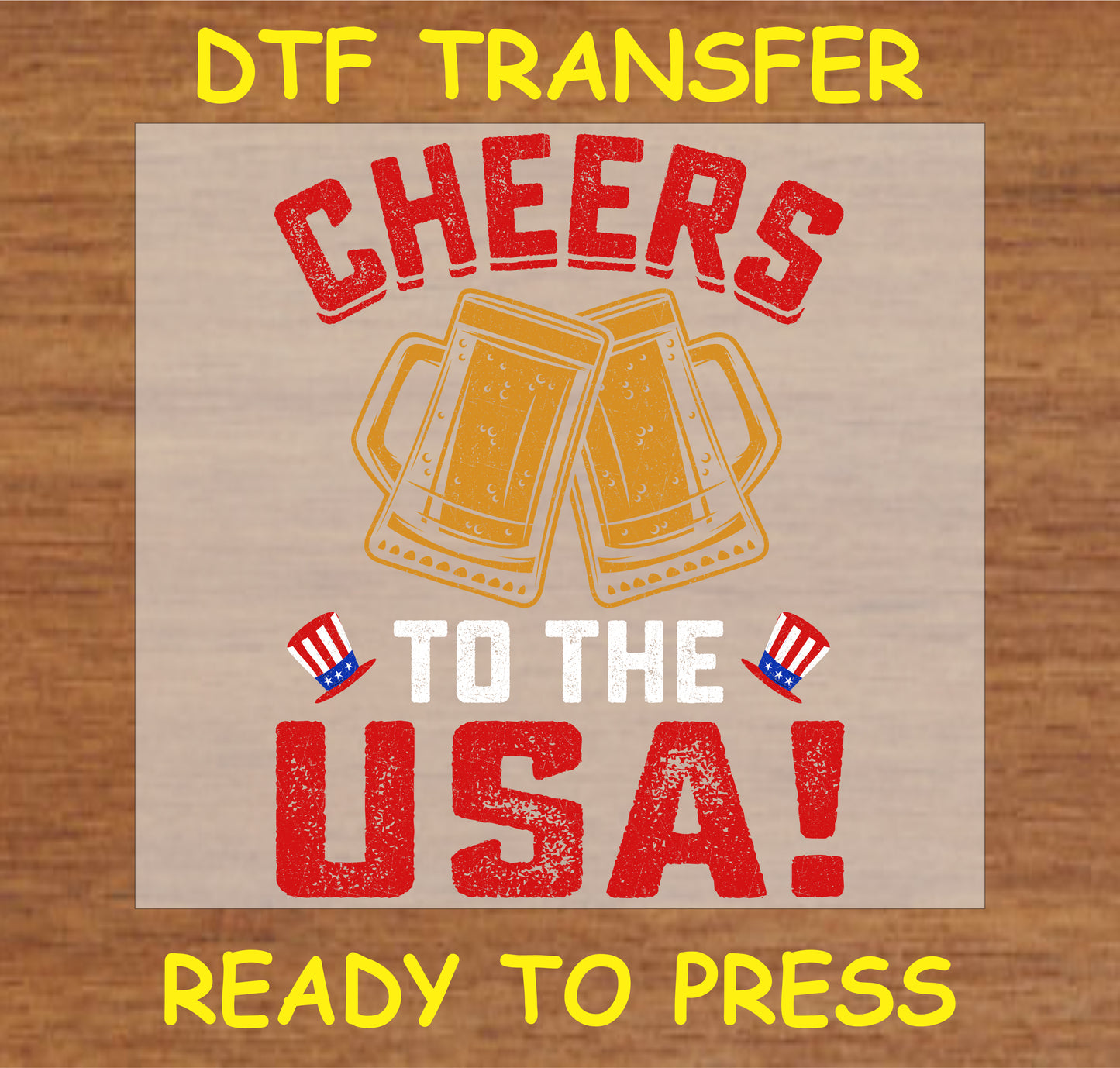 "Cheers to the USA DTF Transfer featuring beer mugs and patriotic accents for Fourth of July apparel"