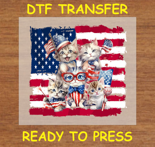 "Patriotic Cats DTF Transfer with kittens in red, white, and blue for Fourth of July apparel"