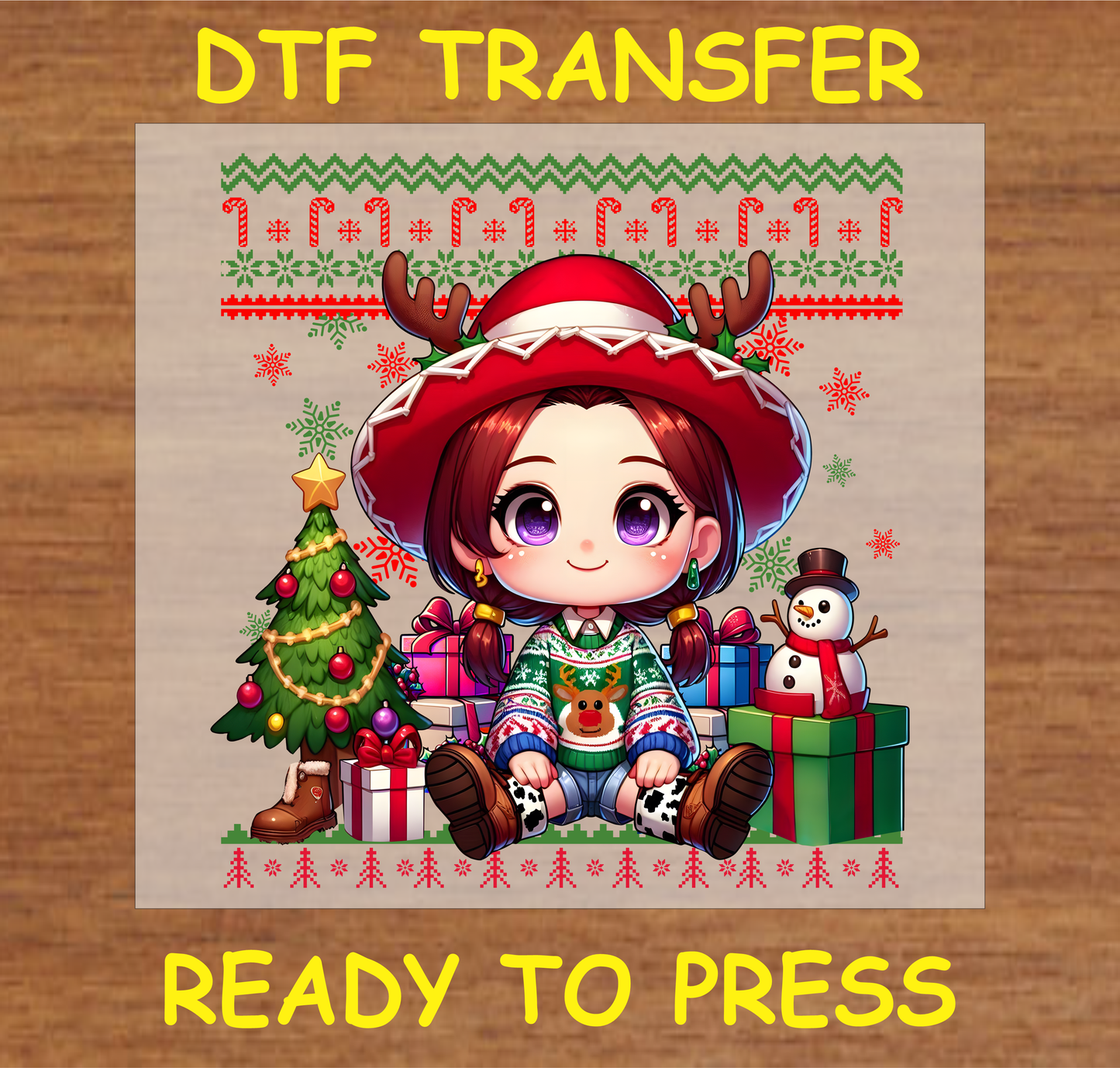 Cheerful character in holiday sweater with reindeer antlers and Santa hat, surrounded by Christmas tree, gifts, and festive decorations DTF transfer.