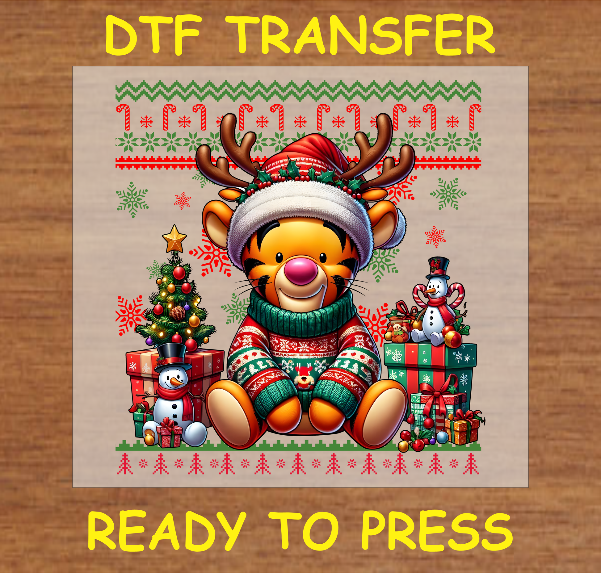 Tiger Character in holiday sweater with reindeer antlers and Santa hat, surrounded by Christmas tree, gifts, and festive decorations DTF transfer.