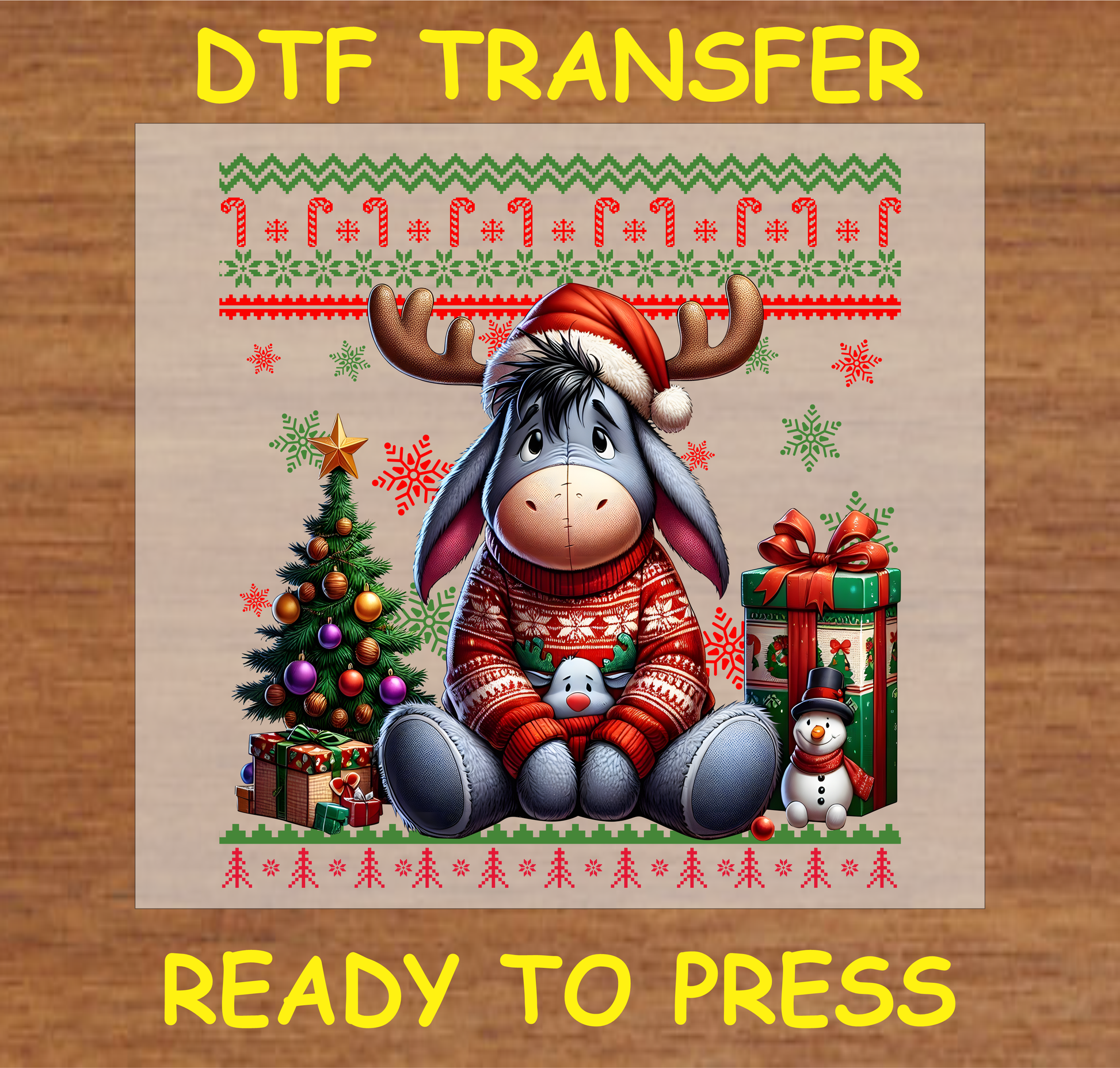 animal character in holiday sweater with reindeer antlers and Santa hat, surrounded by Christmas tree, gifts, and festive decorations DTF transfer.