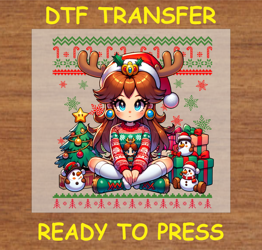 Game Character in a holiday sweater with reindeer antlers and Santa hat, surrounded by gifts and a Christmas tree DTF transfer.