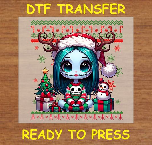 Nightmare character with reindeer antlers, Santa hat, surrounded by a Christmas tree, snowman, and holiday decorations DTF transfer.