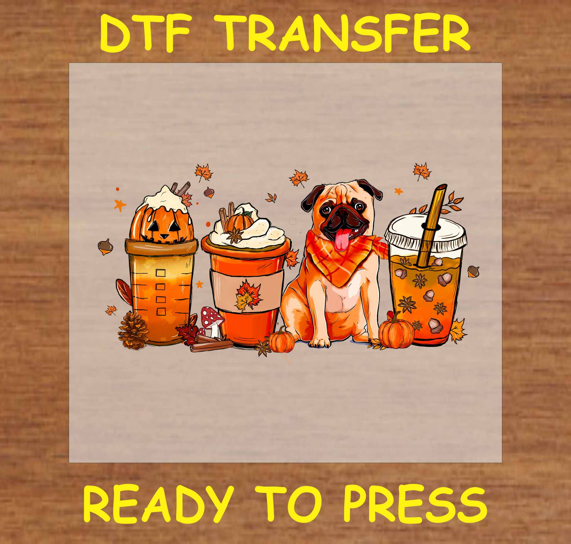 Adorable pug with fall bandana surrounded by autumn-themed drinks and pumpkins DTF transfer.