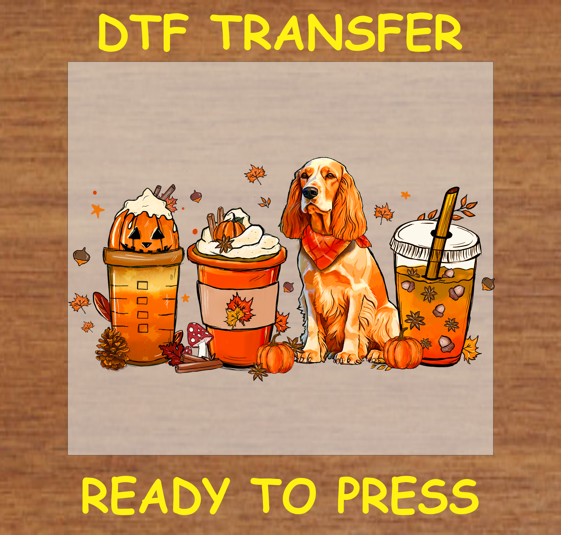 Spaniel dog in a bandana with fall-themed drinks, pumpkins, and autumn leaves DTF transfer.