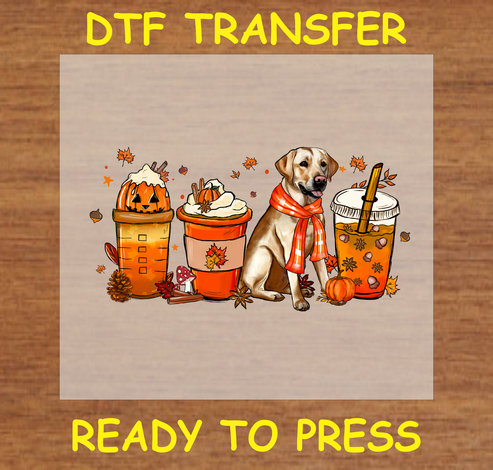 Labrador dog in a scarf with fall-themed drinks, pumpkins, and autumn leaves DTF transfer.