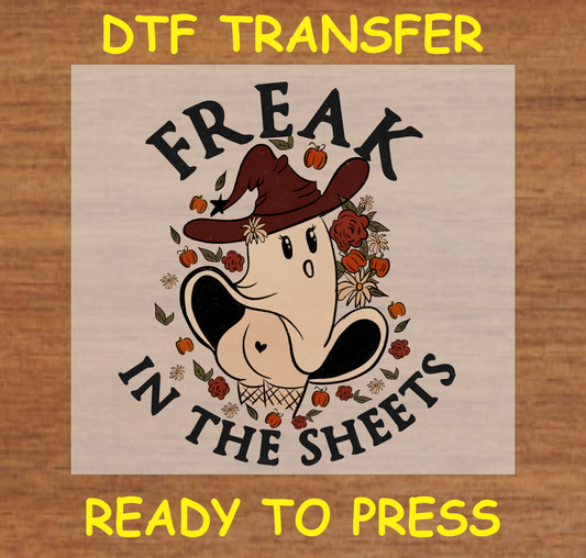 Ghost wearing a witch hat with pumpkins and flowers, "Freak in the Sheets" DTF transfer design.