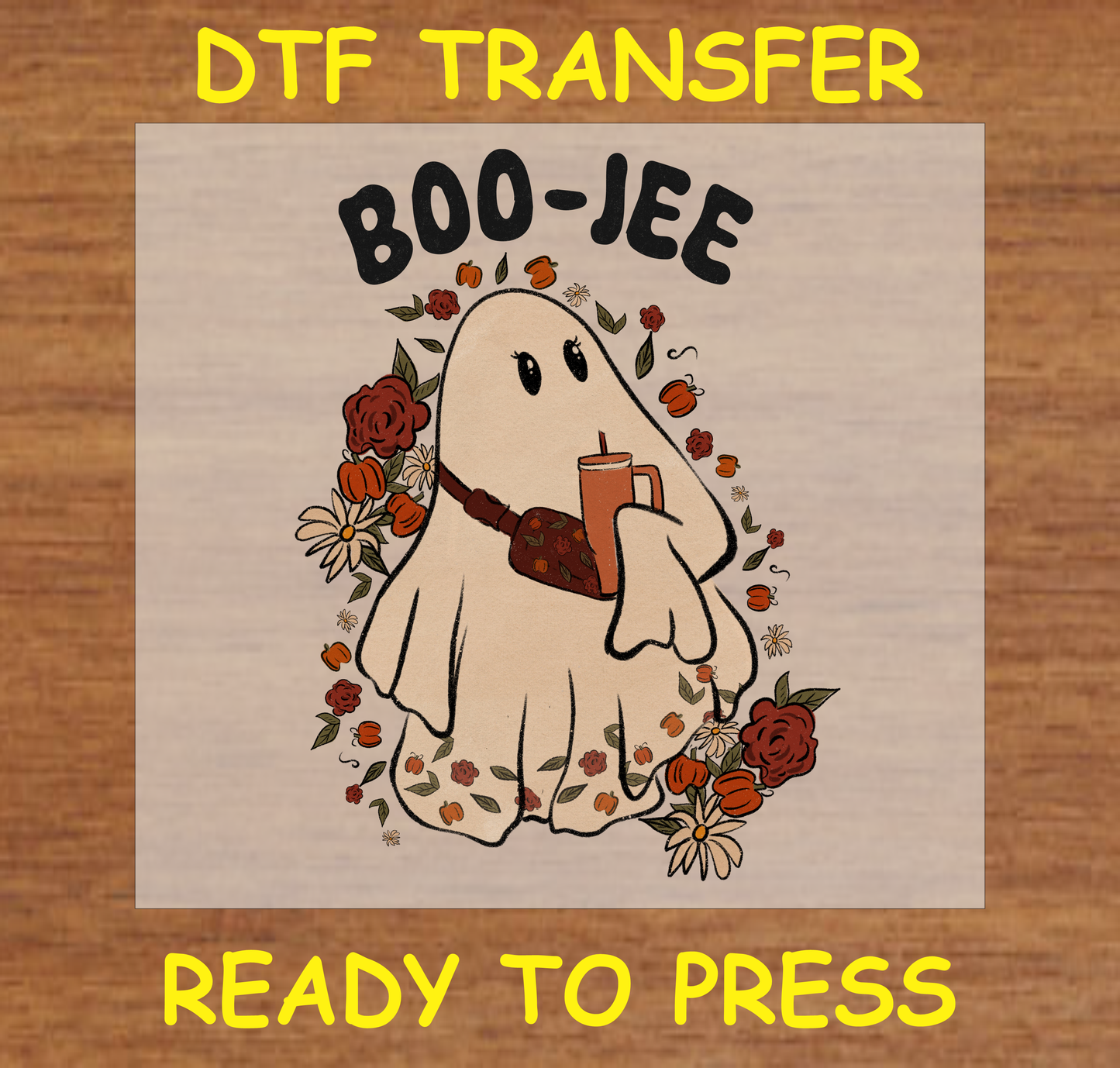 Cute ghost holding a coffee cup surrounded by fall flowers and leaves DTF transfer.