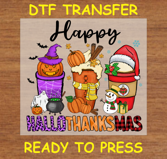 Three festive coffee cups for Halloween, Thanksgiving, and Christmas with pumpkins, ghosts, and a snowman DTF transfer.