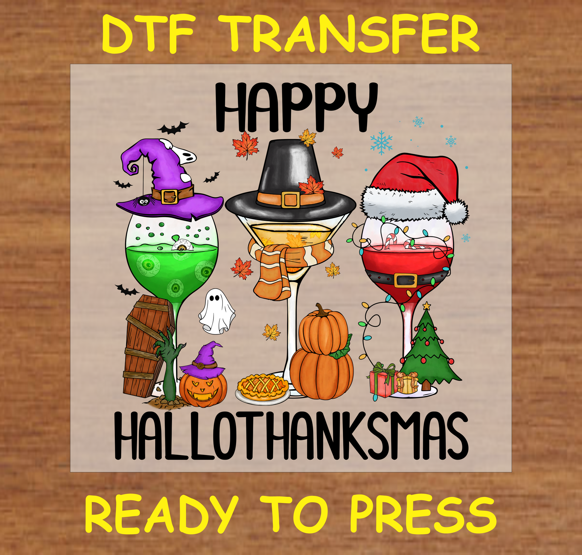 Glasses inspired by Halloween, Thanksgiving, and Christmas with festive decorations - Happy HalloThanksMas DTF transfer.