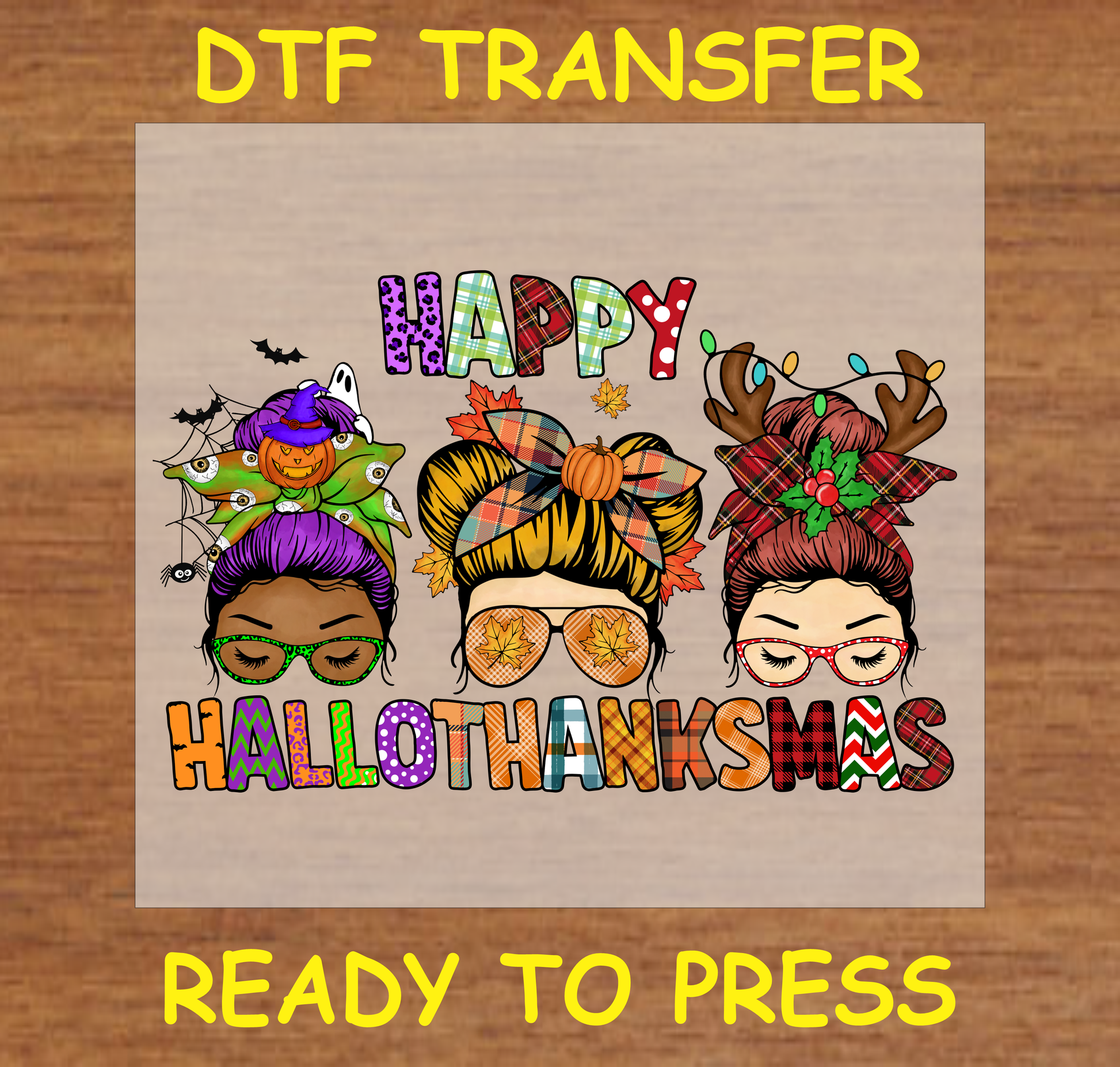 Three festive buns with Halloween, Thanksgiving, and Christmas accessories - Happy HalloThanksMas DTF Transfer.