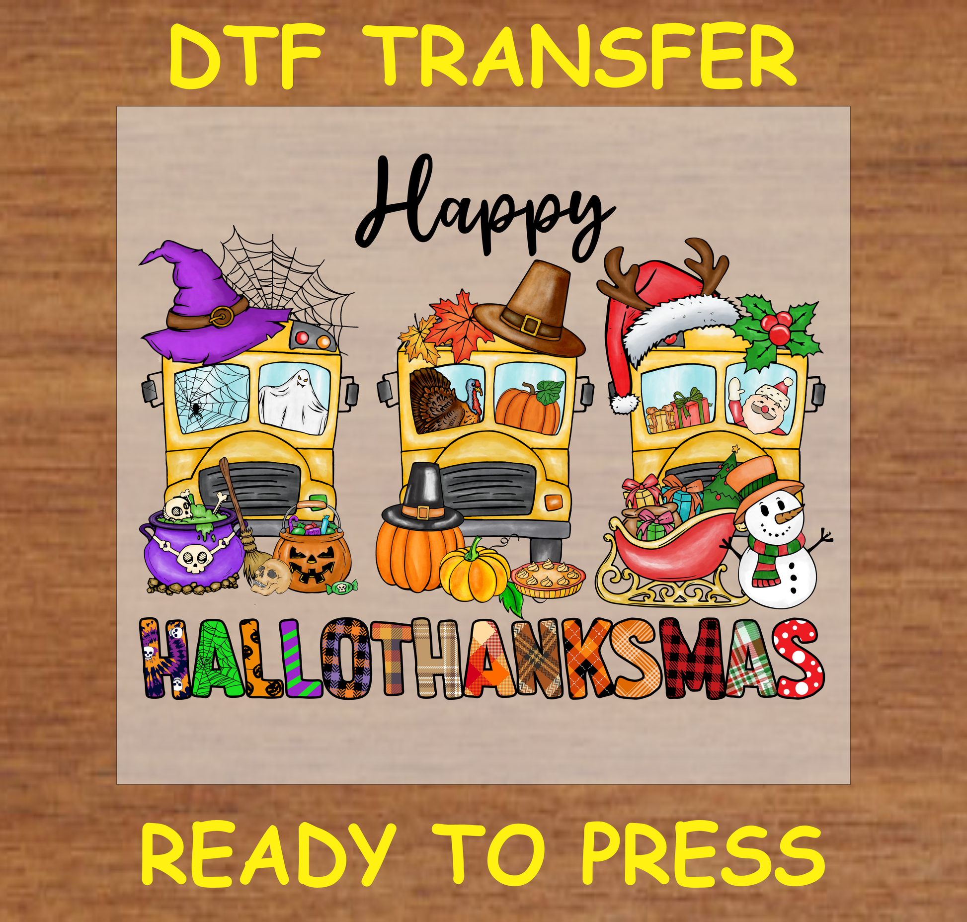 Three festive buses decorated for Halloween, Thanksgiving, and Christmas with holiday-themed elements, DTF transfer.