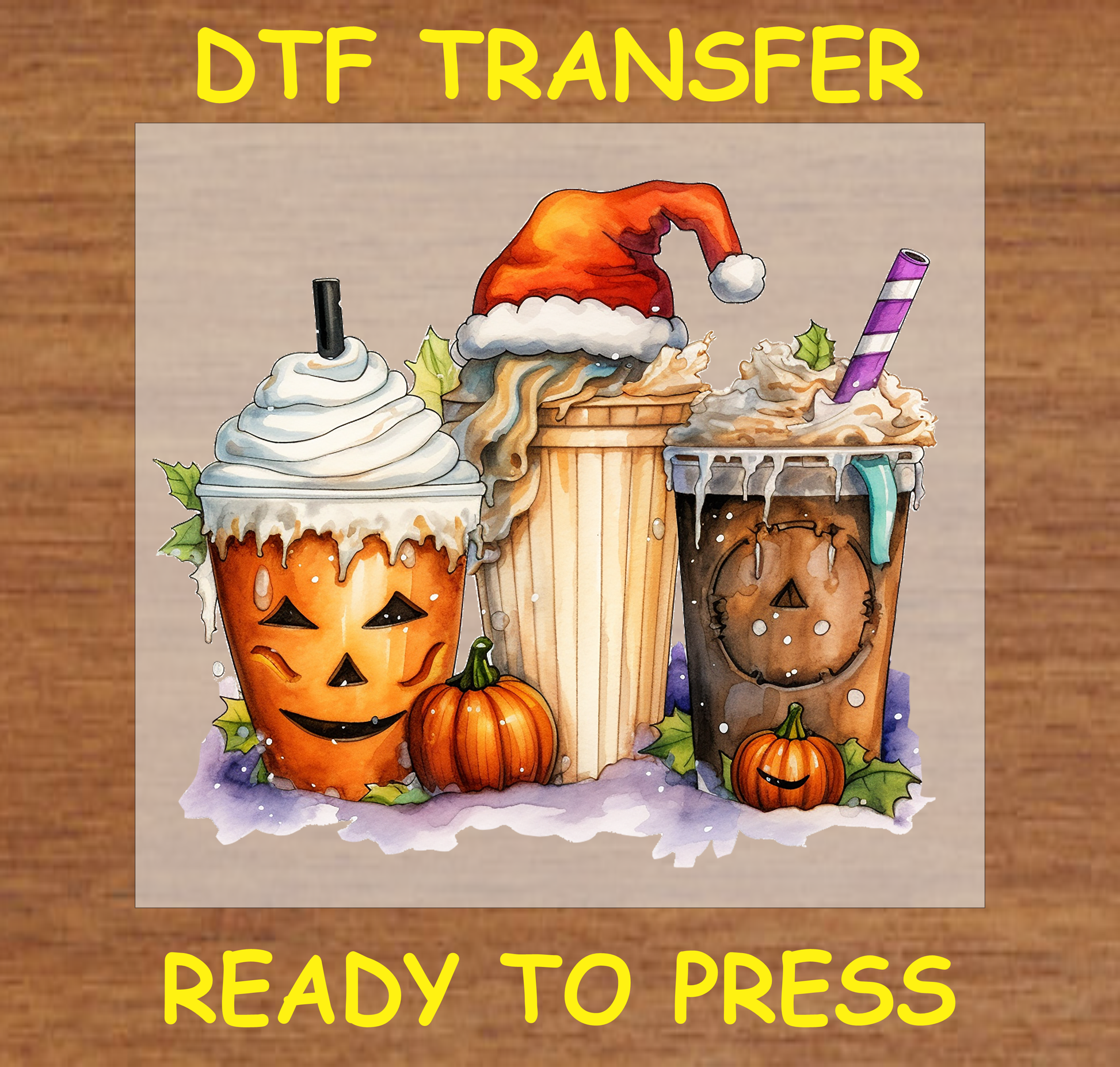 Halloween and winter-themed coffee cups with jack-o'-lantern, Santa hat, and iced coffee designs DTF transfer.