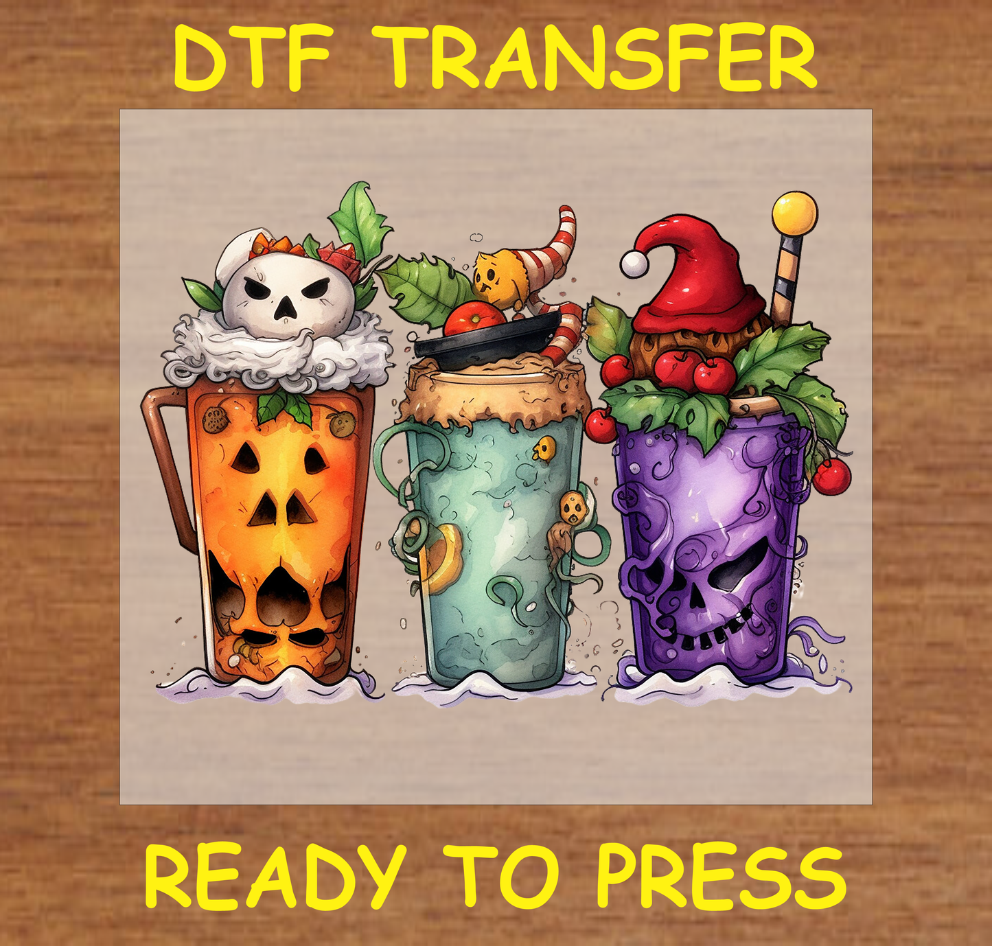 Trio of Halloween-themed drink cups with spooky decorations DTF transfer.