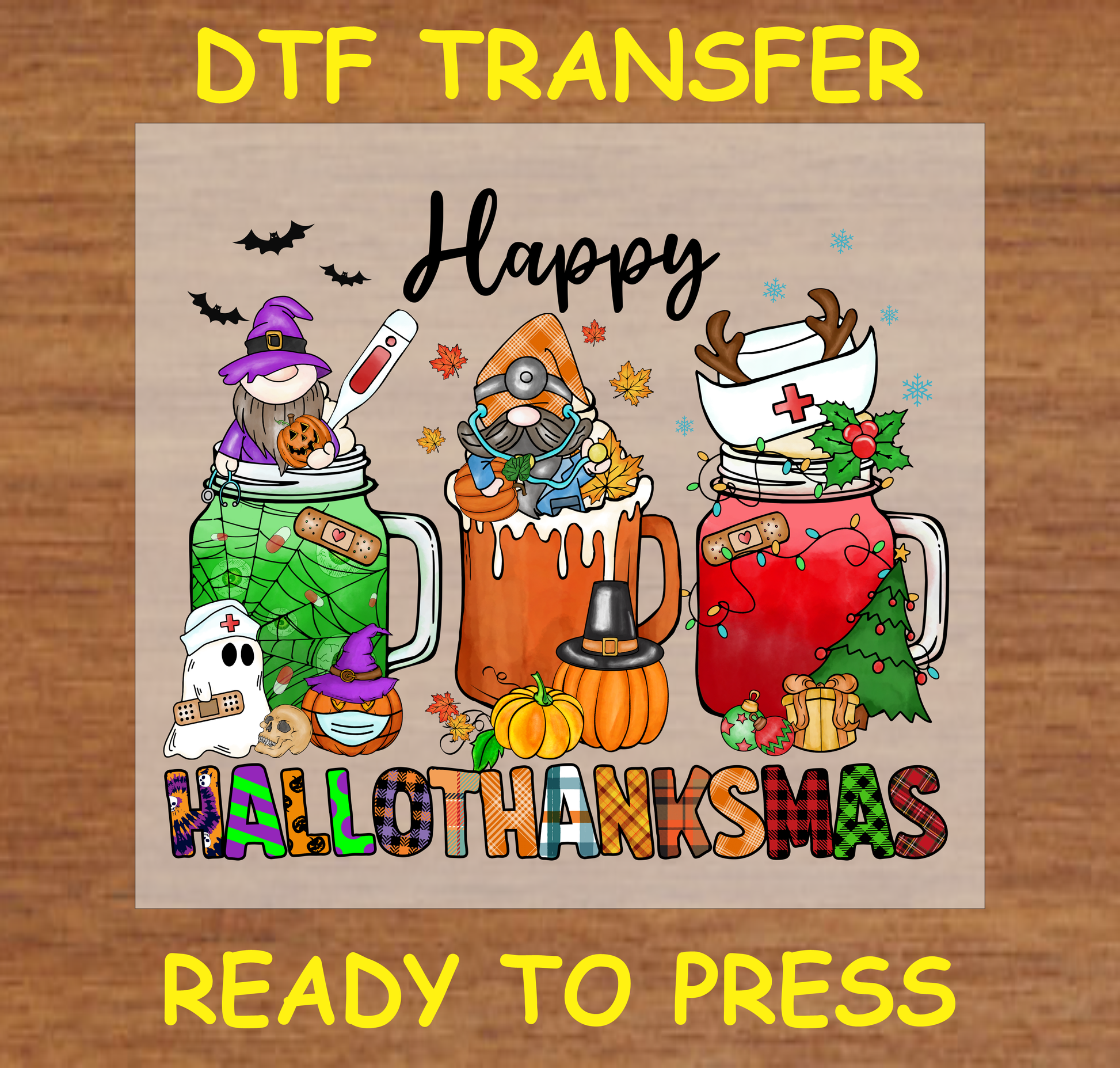 Three festive gnomes in Halloween, Thanksgiving, and Christmas mugs - DTF transfer for HalloThanksMas.