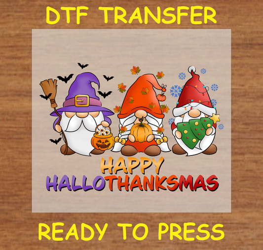 Three gnomes dressed for Halloween, Thanksgiving, and Christmas with "Happy HalloThanksMas" text.