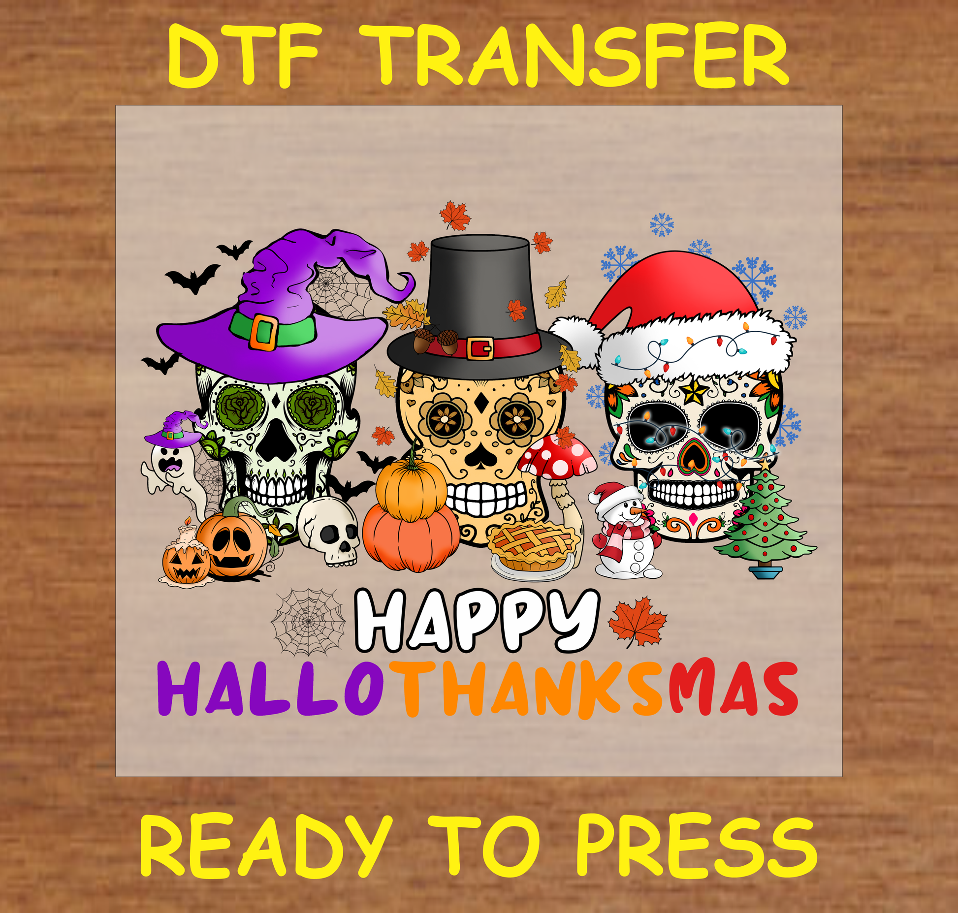 Three sugar skulls representing Halloween, Thanksgiving, and Christmas with festive elements, DTF transfer.