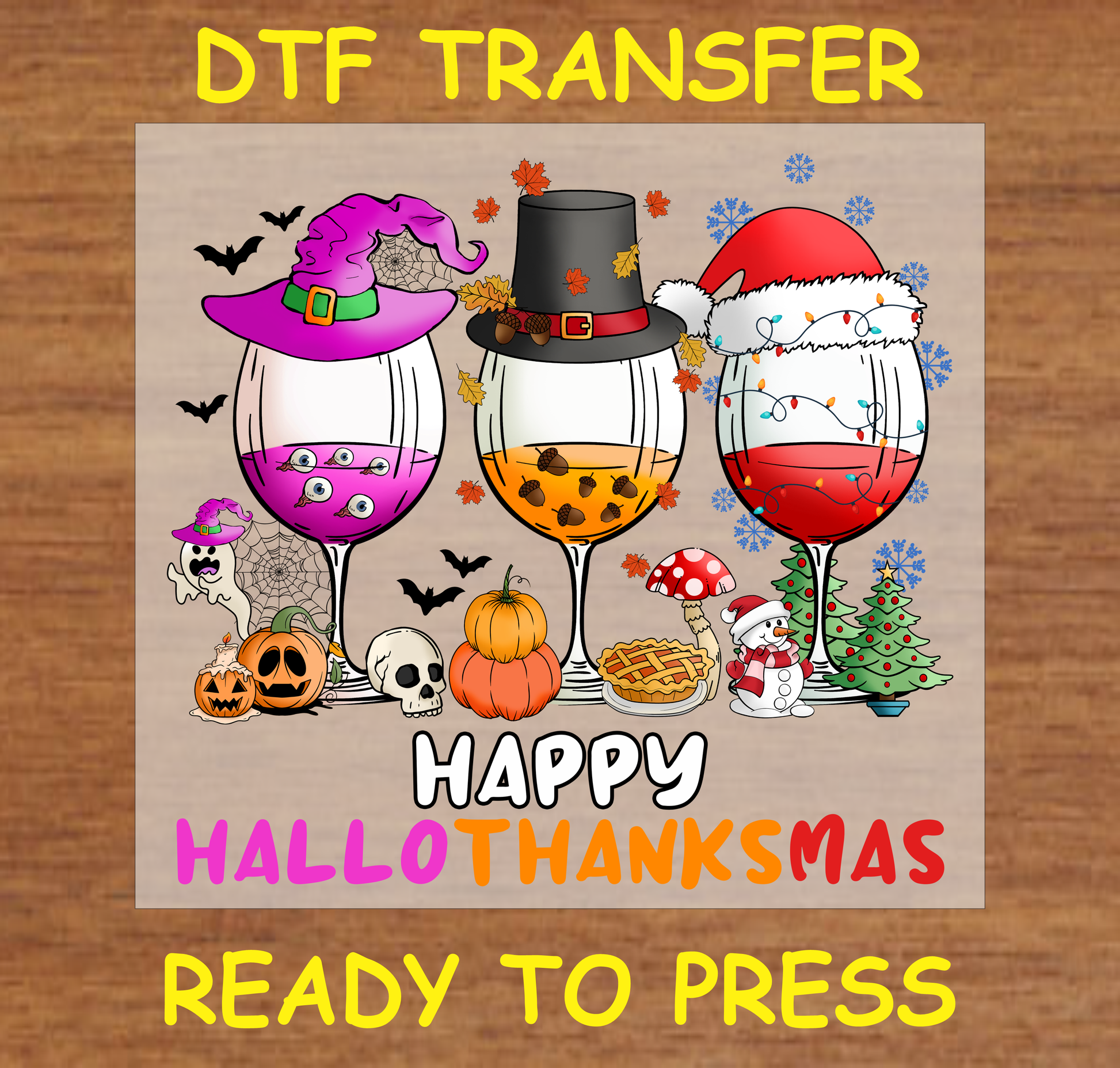 Wine glasses with Halloween, Thanksgiving, and Christmas-themed decorations DTF transfer.