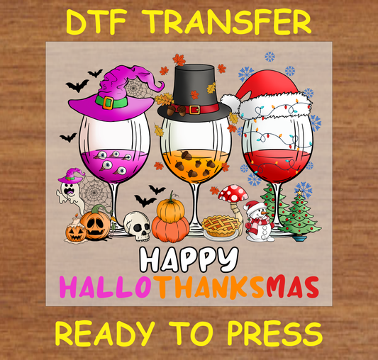 Wine glasses with Halloween, Thanksgiving, and Christmas-themed decorations DTF transfer.