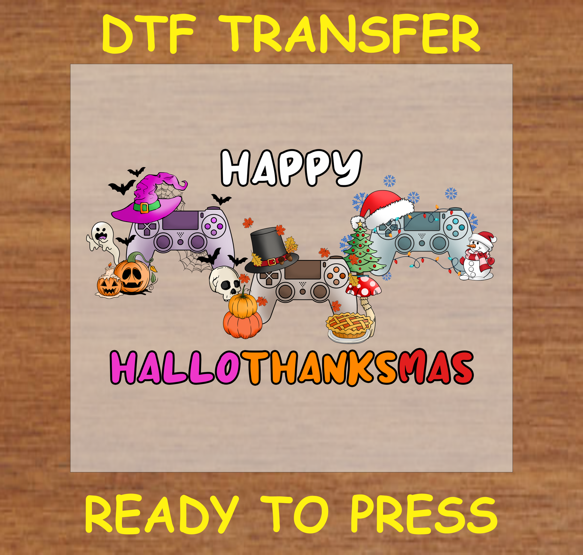 Game controllers decorated with Halloween, Thanksgiving, and Christmas elements in a Happy HalloThanksMas DTF transfer design.